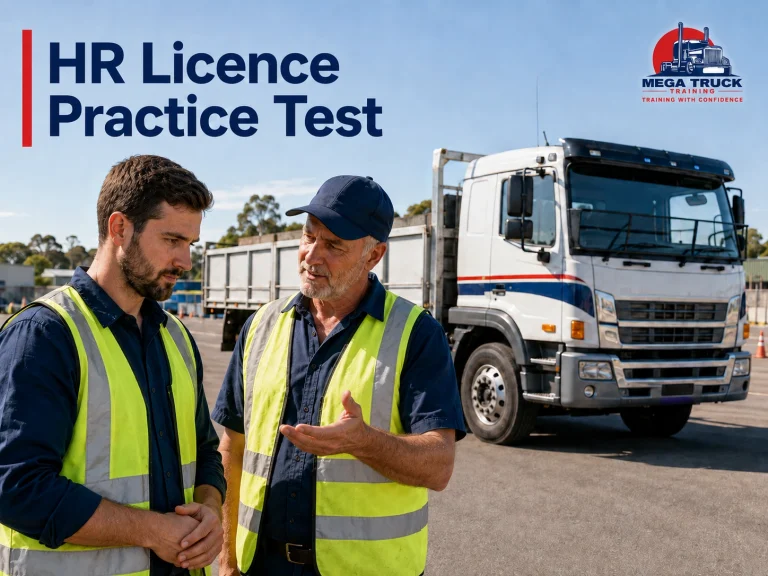Learner driver receiving HR licence test guidance from an instructor beside a heavy rigid training truck in Perth.