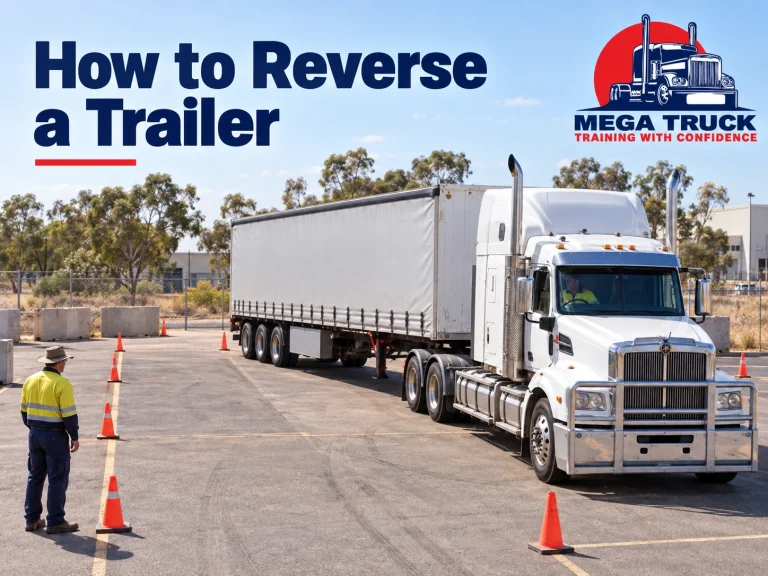 White semi-trailer truck practising reversing between traffic cones in a training yard, with an instructor observing from the side.