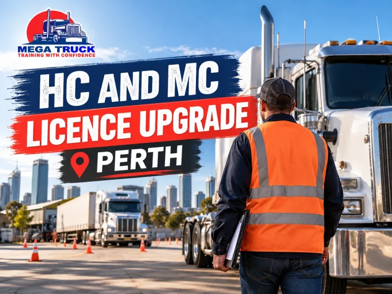 HC and MC licence upgrade training in Perth with heavy trucks and a driver at a truck training facility