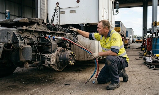 Driver checking semi-trailer coupling and connections.
