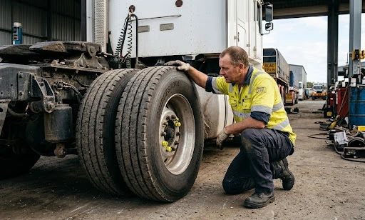 Driver inspecting heavy truck tyres and wheel nuts.
