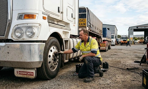 Truck driver performing a pre-start inspection.